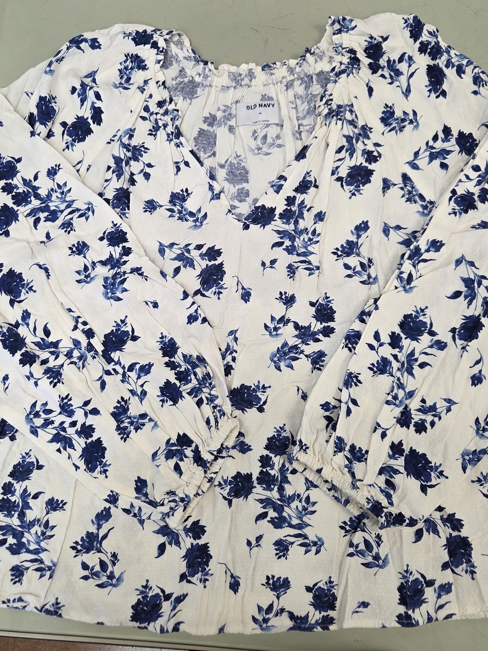 Old Navy White Blouse with Blue Floral Print